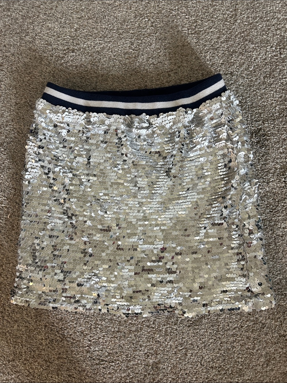 Girls Silver Sequin Skirt with Navy Stripe Waistband